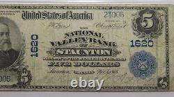 Billet de banque de monnaie nationale de Virginie Staunton VA de 5 $ de 1902, Ch. # 1620, classé F15 par PMG.