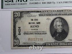 Billet de banque national de 20 $ de Reno, Nevada NV, de 1929, Charte #8424, VF25 PMG
