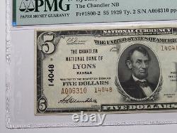 Billet de banque national de 5 $ 1929 Lyons Kansas KS, note de banque Ch. #14048, AU53 PMG