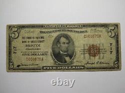 Billet de banque national de 5 $ de Bristol, Pennsylvanie, PA, de 1929, numéro de série 717, en bon état.