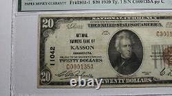 Billet de banque national de Kasson, Minnesota MN de 1929 de 20 $, numéro de série 11042, état de conservation VF25 PMG