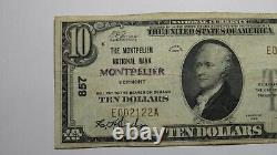 Billet de banque national de Montpelier Vermont VT de 1929 de 10 $, Ch. #857 RARE