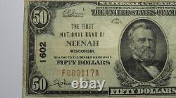 Billet de banque national de Neenah Wisconsin WI de 50 dollars de 1929, n° de série #1602, en état FINE.