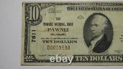 Billet de banque national de Pawnee Oklahoma de 10 dollars de 1929, numéro de série #999, numéro de chèque #7611.