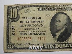 Billet de banque national de Pennsylvanie PA de 10 $ de 1929 Boyertown # 2137 FINE
