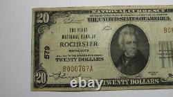 Billet de banque national de Rochester Minnesota MN de 1929 d'une valeur de 20 dollars, numéro de charte #579