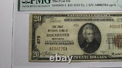 Billet de banque national de Rochester Minnesota MN de 1929 de 20 $, numéro 579, état VF20 PMG
