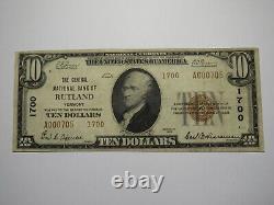Billet de banque national de Rutland, Vermont VT de 1929 Charter #1700 VF++ de 10 dollars