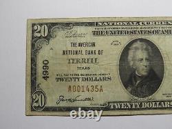 Billet de banque national de Terrell Texas TX de 20 dollars de 1929, Charte #4990 en bon état.