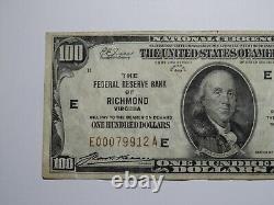 Billet de banque national de Virginie VA de 1929 de Richmond VA de 100 $ de la Réserve fédérale en état VF