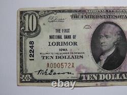 Billet de banque national de l'Iowa IA de 1929 de Lorimor $10, charte #12248, TB