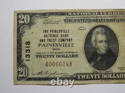 Billet de banque national de l'Ohio OH de Painesville de 1929 d'une valeur de 20 $, numéro de facture #13318, numéro de série #4.