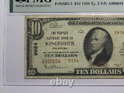 Billet de banque national de l'Oklahoma OK Kingfisher de 1929 de 10 dollars, numéro de série 9954, état VF25 PMG.