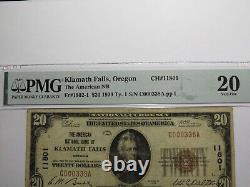 Billet de banque national de l'Oregon OR de Klamath Falls de 1929 de 20 $, n° de série 11801, en état VF20