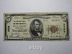 Billet de banque national de la Pennsylvanie PA de 1929 West Grove de 5 $, Ch. #2669 VF