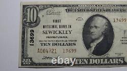 Billet de banque national de la Pennsylvanie PA de 1929 de Sewickley de 10 $, n° de série 13699, en état de conservation VF