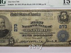 Billet de banque national de la charte #273 de New York NY d'Oxford de 1902 de 5 $ PMG F15