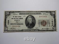 Billet de banque national de la ville de Piqua, Ohio, OH, de 1929, de 20 dollars, charte n°1006, TBE++