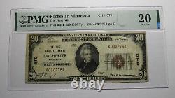 Billet de banque national de la ville de Rochester, Minnesota, MN, de 1929, de 20 dollars, numéro de série 579, état VF20, certifié PMG.