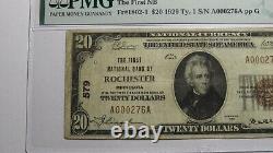 Billet de banque national de la ville de Rochester, Minnesota, MN, de 1929, de 20 dollars, numéro de série 579, état VF20, certifié PMG.
