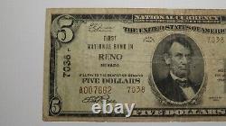 Billet de banque rare de 5 dollars de 1929 Reno Nevada NV National Currency Bank Note Bill Charter #7038