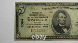 Billet de banque rare de Winchester, Virginie, de la National Currency Bank Note de 5 dollars de 1929, Ch. #6084.