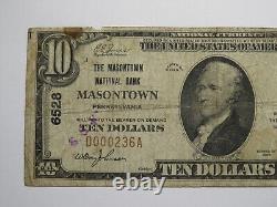 Billet de banque rare de la National Currency Bank de Masontown, Pennsylvanie, de 10 $ en 1929, numéro de série Ch #6528.