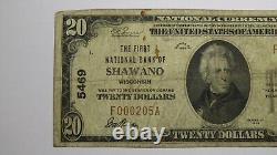 Billet de banque rare de la National Currency Bank de Shawano, Wisconsin WI, de 20 dollars datant de 1929, Ch. #5469