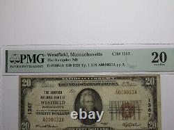 Billet de la Banque Nationale de Westfield, Massachusetts de 1929 de 20 $, numéro 1367, état VF20 PMG