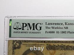 Billet de la banque nationale de Lawrence, Kansas KS de 1902 de 5 $, numéro de série #3881, classé F15 par PMG