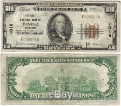 Denver Co 1929 100 $ Monnaie Nationale Très Faible Série # 000022 Colorado Note De Banque