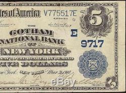Grand 1902 $ 5 Dollar Bill Gotham Banque Nationale Note Monnaie Papier Argent Ny Ville