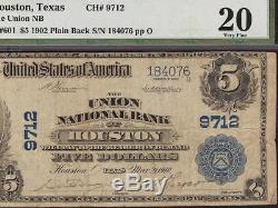 Grand 1902 $ 5 Union Banque Nationale Houston Texas Billet De Monnaie En Billets Pmg Vf