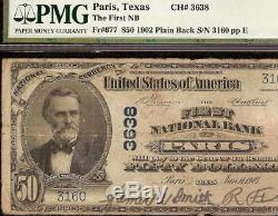Grand 1902 $ 50 Dollar Paris Texas Banque Nationale Note Monnaie Papier Monnaie Pmg