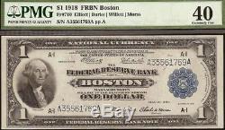 Grand 1918 Facture De 1 $ Dollar Boston Frbn Bank Note Monnaie Nationale Fr 710 Pmg 40