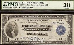 Grand 1918 Facture De 1 $ Dollar Kansas City Bank Note Monnaie Nationale Fr 737 Pmg 30