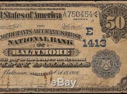 Grande 1902 $ 50 Dollar Mécanique Première Baltimore Banque Nationale Note Monnaie Pmg