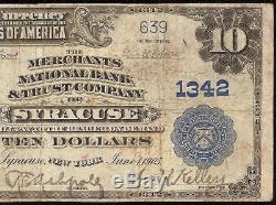 Large 1902 $ 10 Dollar Merchants National Bank Note Syracuse Ny Monnaie Monnaie