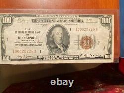 Monnaie Nationale 1929 100 Dollar Bill Federal Reserve Bank Minneapolis, Mn
