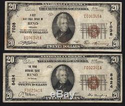 Pair De 1929 $ 20 Devise Nationale Reno, Nevada Note De Banque Nb Charte 7038 8424