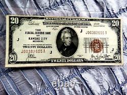 Scarce 1929 20 $ Monnaie Nationale La Banque De Réserve Fédérale De Kansas City Mo